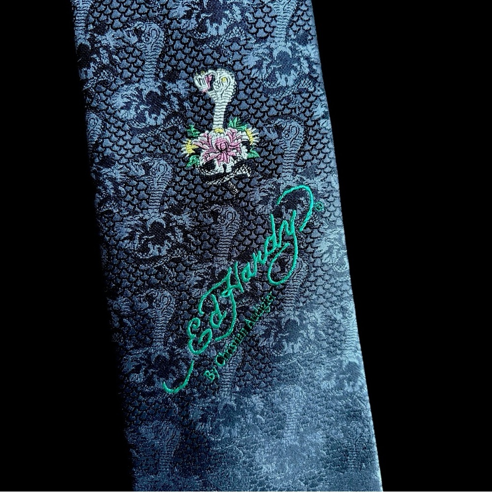 Vintage Ed Hardy by Christian Audigier Blue Silk Cobra Tie Tattoo Art Y2K